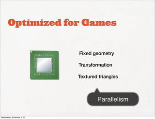 Optimized for Games


                            Fixed geometry

                            Transformation

                            Textured triangles



                                    Parallelism

Wednesday, November 2, 11
 