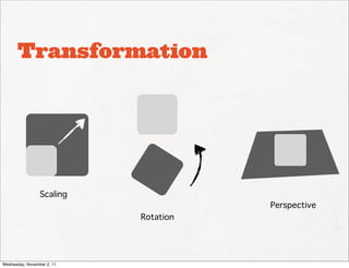 Transformation




                 Scaling
                                       Perspective
                            Rotation




Wednesday, November 2, 11
 