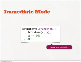 Immediate Mode


                            setInterval(function() {
                                box.draw(x, y);
                                x += 10;
                            }, 20);


                                              every animation tick




Wednesday, November 2, 11
 