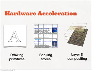 Hardware Acceleration




                Drawing     Backing     Layer &
               primitives    stores   compositing


Wednesday, November 2, 11
 