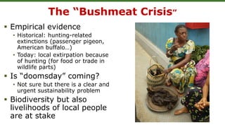 The “Bushmeat Crisis”
 Empirical evidence
• Historical: hunting-related
extinctions (passenger pigeon,
American buffalo…)
• Today: local extirpation because
of hunting (for food or trade in
wildlife parts)
 Is “doomsday” coming?
• Not sure but there is a clear and
urgent sustainability problem
 Biodiversity but also
livelihoods of local people
are at stake
 