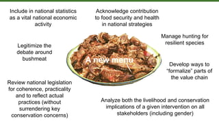 Acknowledge contribution
to food security and health
in national strategies
Include in national statistics
as a vital national economic
activity
Legitimize the
debate around
bushmeat
Manage hunting for
resilient species
Analyze both the livelihood and conservation
implications of a given intervention on all
stakeholders (including gender)
Review national legislation
for coherence, practicality
and to reflect actual
practices (without
surrendering key
conservation concerns)
A new menu Develop ways to
“formalize” parts of
the value chain
 
