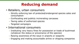 Reducing demand
 Retailers, urban consumers
– Strictly enforcing ban of protected/endangered species sales and
consumption
– Confiscating and publicly incinerating carcasses
– Taxing sales of authorized species
– Targeted campaigns
 International consumers
– Instituting very heavy fines for possession or trade of bushmeat
(whatever the status or provenance of the species)
– Raising awareness of the issue in airports or seaports
– Engaging and making accountable airline or shipping companies
 
