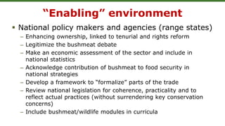 “Enabling” environment
 National policy makers and agencies (range states)
– Enhancing ownership, linked to tenurial and rights reform
– Legitimize the bushmeat debate
– Make an economic assessment of the sector and include in
national statistics
– Acknowledge contribution of bushmeat to food security in
national strategies
– Develop a framework to “formalize” parts of the trade
– Review national legislation for coherence, practicality and to
reflect actual practices (without surrendering key conservation
concerns)
– Include bushmeat/wildlife modules in curricula
 