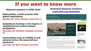 If you want to know more
Relevant sessions in ATBC 2016
Defaunation: a local process with
global implications
Monday 20, 11am, Pasteur (Level 0 & 1)
Subsistence hunting in the tropics: A
coupled human natural system
perspective
Thursday 23, 10:30am, Antigone 3 (Level
2)
Consumptive uses of wildlife in sub
saharan africa: the janus bifrons
syndrome
Thursday 23, 8am, Einstein (Level 0)
Bushmeat Research Initiative
www.cifor.org/bushmeat
 