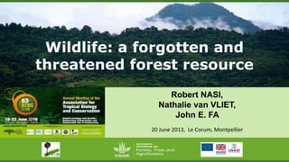 Wildlife: a forgotten and
threatened forest resource
Robert NASI,
Nathalie van VLIET,
John E. FA
20 June 2016, Le Corum, Montpellier
 