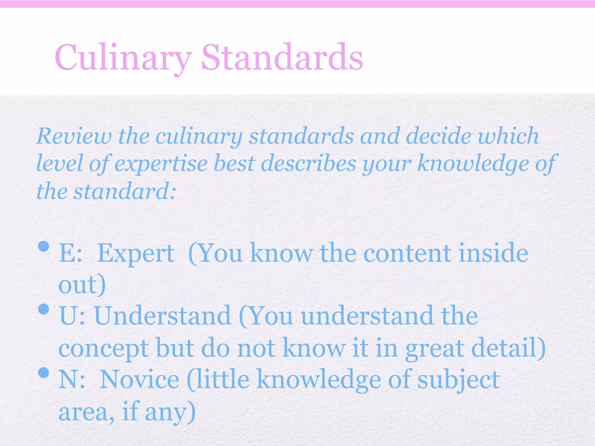 Culinary Standards

Review the culinary standards and decide which
level of expertise best describes your knowledge of
the standard:

• E: Expert (You know the content inside
  out)
• U: Understand (You understand the
  concept but do not know it in great detail)
• N: Novice (little knowledge of subject
  area, if any)
 