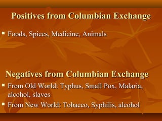 f Positives frroomm CCoolluummbbiiaann EExxcchhaannggee 
 FFooooddss,, SSppiicceess,, MMeeddiicciinnee,, AAnniimmaallss 
NNeeggaattiivveess ffrroomm CCoolluummbbiiaann EExxcchhaannggee 
 FFrroomm OOlldd WWoorrlldd:: TTyypphhuuss,, SSmmaallll PPooxx,, MMaallaarriiaa,, 
aallccoohhooll,, ssllaavveess 
 FFrroomm NNeeww WWoorrlldd:: TToobbaaccccoo,, SSyypphhiilliiss,, aallccoohhooll 
 