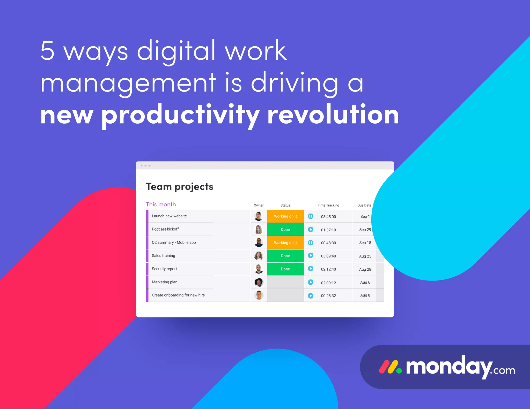 5 ways digital work
management is driving a
new productivity revolution
Team projects
This month
Working on it
Done
Working on it
StatusOwner Time Tracking Due Date
Launch new website
Podcast kickoff
Q2 summary - Mobile app
DoneSecurity report
Marketing plan
Create onboarding for new hire
08:45:00
01:37:10
00:48:30
02:12:40
02:09:12
00:28:32
Sep 1
Sep 29
Sep 18
Aug 28
DoneSales training 03:09:40 Aug 25
Aug 6
Aug 8
 