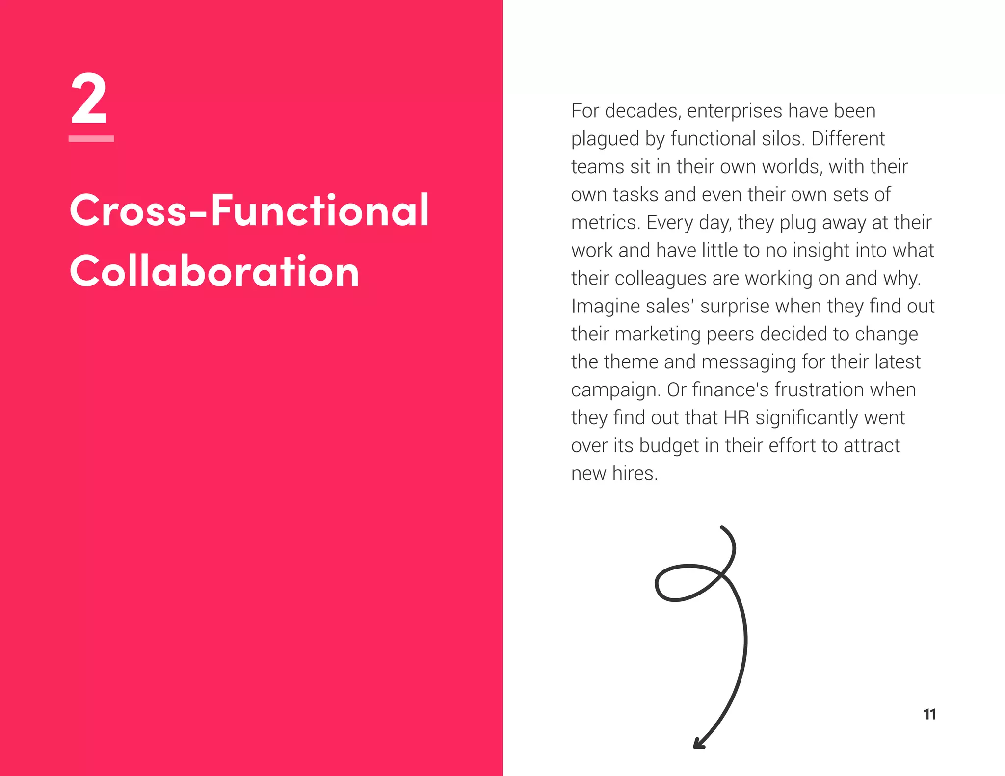 2 For decades, enterprises have been
plagued by functional silos. Different
teams sit in their own worlds, with their
own tasks and even their own sets of
metrics. Every day, they plug away at their
work and have little to no insight into what
their colleagues are working on and why.
Imagine sales’ surprise when they find out
their marketing peers decided to change
the theme and messaging for their latest
campaign. Or finance’s frustration when
they find out that HR significantly went
over its budget in their effort to attract
new hires.
Cross-Functional
Collaboration
11
 