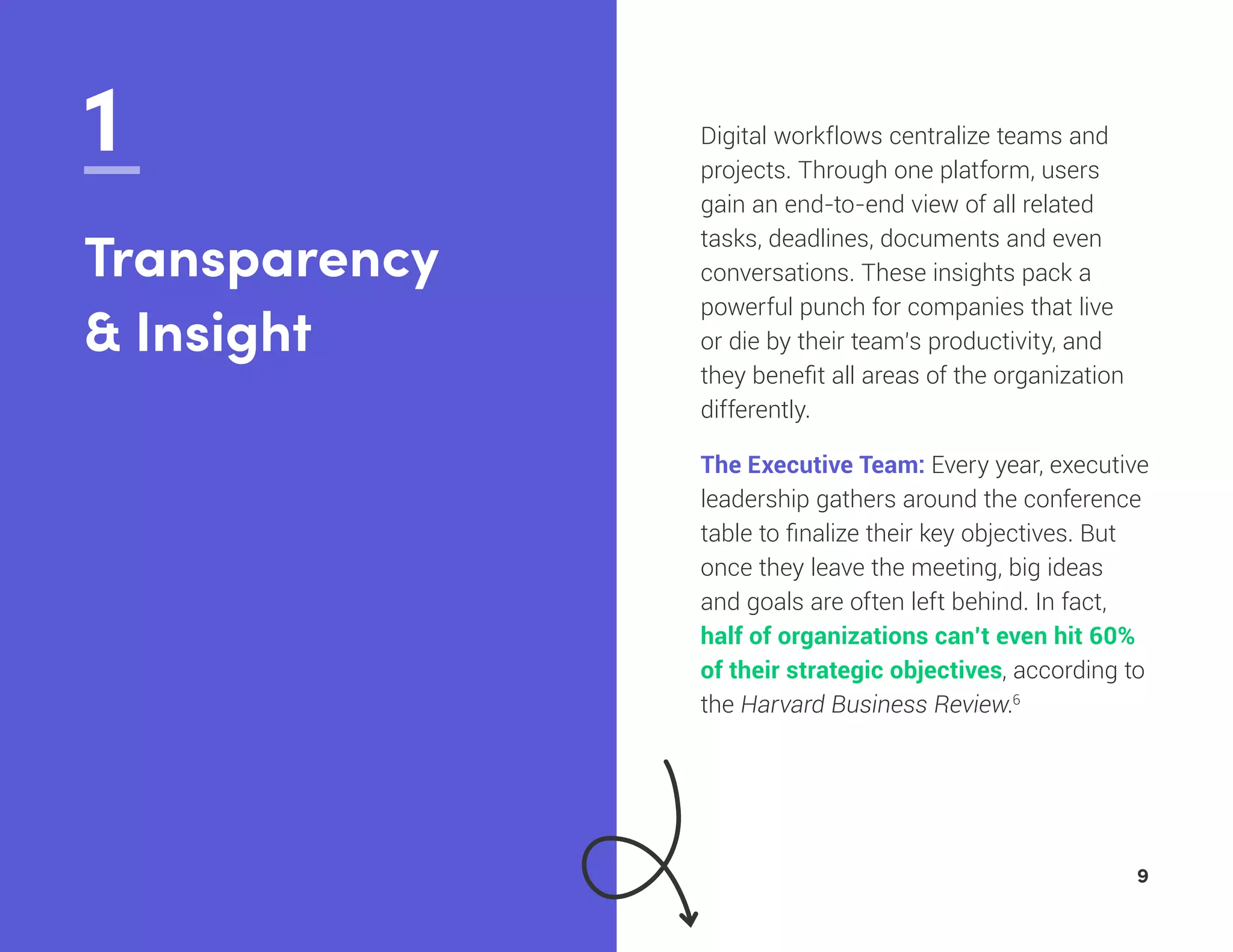 Digital workflows centralize teams and
projects. Through one platform, users
gain an end-to-end view of all related
tasks, deadlines, documents and even
conversations. These insights pack a
powerful punch for companies that live
or die by their team’s productivity, and
they benefit all areas of the organization
differently.
The Executive Team: Every year, executive
leadership gathers around the conference
table to finalize their key objectives. But
once they leave the meeting, big ideas
and goals are often left behind. In fact,
half of organizations can’t even hit 60%
of their strategic objectives, according to
the Harvard Business Review.6
1
Transparency
& Insight
9
 