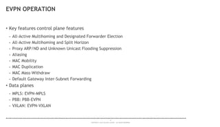 12
COPYRIGHT © 2014 ALCATEL-LUCENT. ALL RIGHTS RESERVED.
EVPN OPERATION
• Key features control plane features
- All-Active Multihoming and Designated Forwarder Election
- All-Active Multihoming and Split Horizon
- Proxy ARP/ND and Unknown Unicast Flooding Suppression
- Aliasing
- MAC Mobility
- MAC Duplication
- MAC Mass-Withdraw
- Default Gateway Inter-Subnet Forwarding
• Data planes
- MPLS: EVPN-MPLS
- PBB: PBB-EVPN
- VXLAN: EVPN-VXLAN
 