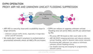 15
COPYRIGHT © 2014 ALCATEL-LUCENT. ALL RIGHTS RESERVED.
EVPN OPERATION
PROXY ARP/ND AND UNKNOWN UNICAST FLOODING SUPPRESSION
• ARP/ND is a security issue and a scalability issue in
large networks
- Unknown unicast traffic levels, especially in large data
center and IXP networks
• We really don’t need it anymore in orchestrated or
provisioned networks where all MACs/IPs are known
• EVPN can reduce or suppress unknown unicast
flooding since all active MACs and IPs are advertised
by PEs
- PEs proxy ARP/ND based on MAC route table to CEs
- ARP/ND/DHCP snooping optimizes and reduces unknown
unicast flooding, useful in dynamic data center networks
- Provisioning MAC addresses can reduce or eliminate
unknown unicast flooding entirely
- Can disable learning and snooping for programmatic
network control
Proxy
ARP/ND
MAC/IP
MAC Provisioning
or
Snooping
?
 