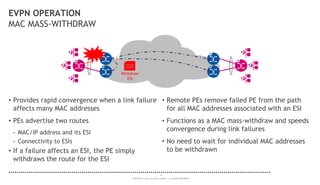 19
COPYRIGHT © 2014 ALCATEL-LUCENT. ALL RIGHTS RESERVED.
EVPN OPERATION
MAC MASS-WITHDRAW
• Provides rapid convergence when a link failure
affects many MAC addresses
• PEs advertise two routes
- MAC/IP address and its ESI
- Connectivity to ESIs
• If a failure affects an ESI, the PE simply
withdraws the route for the ESI
• Remote PEs remove failed PE from the path
for all MAC addresses associated with an ESI
• Functions as a MAC mass-withdraw and speeds
convergence during link failures
• No need to wait for individual MAC addresses
to be withdrawn
Withdraw
ESI
 