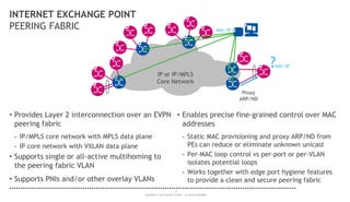 33
COPYRIGHT © 2014 ALCATEL-LUCENT. ALL RIGHTS RESERVED.
IP or IP/MPLS
Core Network
INTERNET EXCHANGE POINT
PEERING FABRIC
• Enables precise fine-grained control over MAC
addresses
- Static MAC provisioning and proxy ARP/ND from
PEs can reduce or eliminate unknown unicast
- Per-MAC loop control vs per-port or per-VLAN
isolates potential loops
- Works together with edge port hygiene features
to provide a clean and secure peering fabric
• Provides Layer 2 interconnection over an EVPN
peering fabric
- IP/MPLS core network with MPLS data plane
- IP core network with VXLAN data plane
• Supports single or all-active multihoming to
the peering fabric VLAN
• Supports PNIs and/or other overlay VLANs
MAC/IP
Proxy
ARP/ND
MAC/IP?
 
