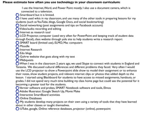 Please estimate how often you use technology in your classroom curriculum:
              I use the Internet, Word, and Power Point mostly. I also use a document camera, which is
             connected to a television.
            Smartboard but it is limited.
            I have used wikis in my classroom, and use many of the other tools in preparing lessons for my
        students (such as YouTube, blogs, Google Docs, and social bookmarking)
            Social networking (post assignments and tips on Facebook account)
            Video/audio recording and editing
            Internet as research tool
            LCD Projector, computer (used very often for PowerPoint and keeping track of student data
        through Excel), class website through yola site to help students write a research report
            SMART board (limited use), ELMO, Mac computers
            Moodle
            Internet Research
            Edu blogs
            Gohrw website that goes along with my text
            Webquests
            When I was in the classroom 2 years ago, we used Skype to connect with students in England and
        Tanzania. We discussed cultural differences and different problems they faced. Very often I would
        use the LCD projector to show a Powerpoint slide show to model their assignment or to enhance
        their notes, show student projects, and relevant internet clips or photos that added depth to the
        lesson. I started using Blackboard for students to have access to missed assignments, handouts, or
        grades. I did not spend very much time building my class home page but could see the potential for it
        becoming a greater tool for the students.
            Vernier software and probes, SMART Notebook software and tools, Elmos
            Adobe Illustrator, Google Sketch Up, Movie Make
            Interactive SmartBoard activities
            Online Databases
            My students develop many projects on their own using a variety of tools that they have learned
        about in other classes or taught themselves.
            UTube, google, Online reference databases, projector (online), powerpoint
 