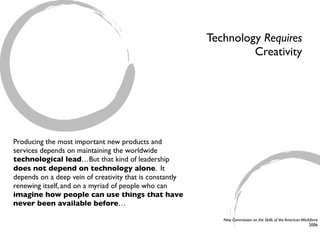 Technology Requires
                                                                   Creativity




Producing the most important new products and
services depends on maintaining the worldwide
technological lead…But that kind of leadership
does not depend on technology alone. It
depends on a deep vein of creativity that is constantly
renewing itself, and on a myriad of people who can
imagine how people can use things that have
never been available before…

                                                             New Commission on the Skills of the American Workforce
                                                                                                              2006
 