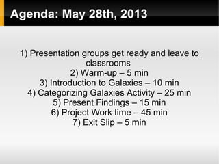    
Agenda: May 28th, 2013
1) Presentation groups get ready and leave to
classrooms
2) Warm-up – 5 min
3) Introduction to Galaxies – 10 min
4) Categorizing Galaxies Activity – 25 min
5) Present Findings – 15 min
6) Project Work time – 45 min
7) Exit Slip – 5 min
 