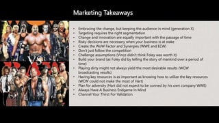 Marketing Takeaways
• Embracing the change, but keeping the audience in mind (generation X)
• Targeting requires the right segmentation
• Change and innovation are equally important with the passage of time
• Risky decisions are necessary when your business is at stake
• Create the WoW Factor and Synergies (WWE and ECW)
• Don’t just follow the competition
• Challenge assumptions (Vince didn’t think Foley was worth it)
• Build your brand (as Foley did by telling the story of mankind over a period of
time)
• Playing dirty might not always yield the most desirable results (WCW
broadcasting results)
• Having key resources is as important as knowing how to utilize the key resources
(WCW could not make the most of Hart)
• Plan for adversity (Hart did not expect to be conned by his own company WWE)
• Always Have A Business Endgame In Mind
• Channel Your Thirst For Validation
 