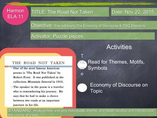 Harmon
ELA 11
Objective: You will learn The Economy of Discourse & TDQ Elements
Activator: Puzzle pieces
TITLE: The Road Not Taken Date: Nov 22, 2015
Activities
Read for Themes, Motifs,
Symbols
Economy of Discourse on
Topic
T
he
m
e
STANDARD: Analyze how and why individuals, events, and ideas develop and interact over
the course of a text.
 