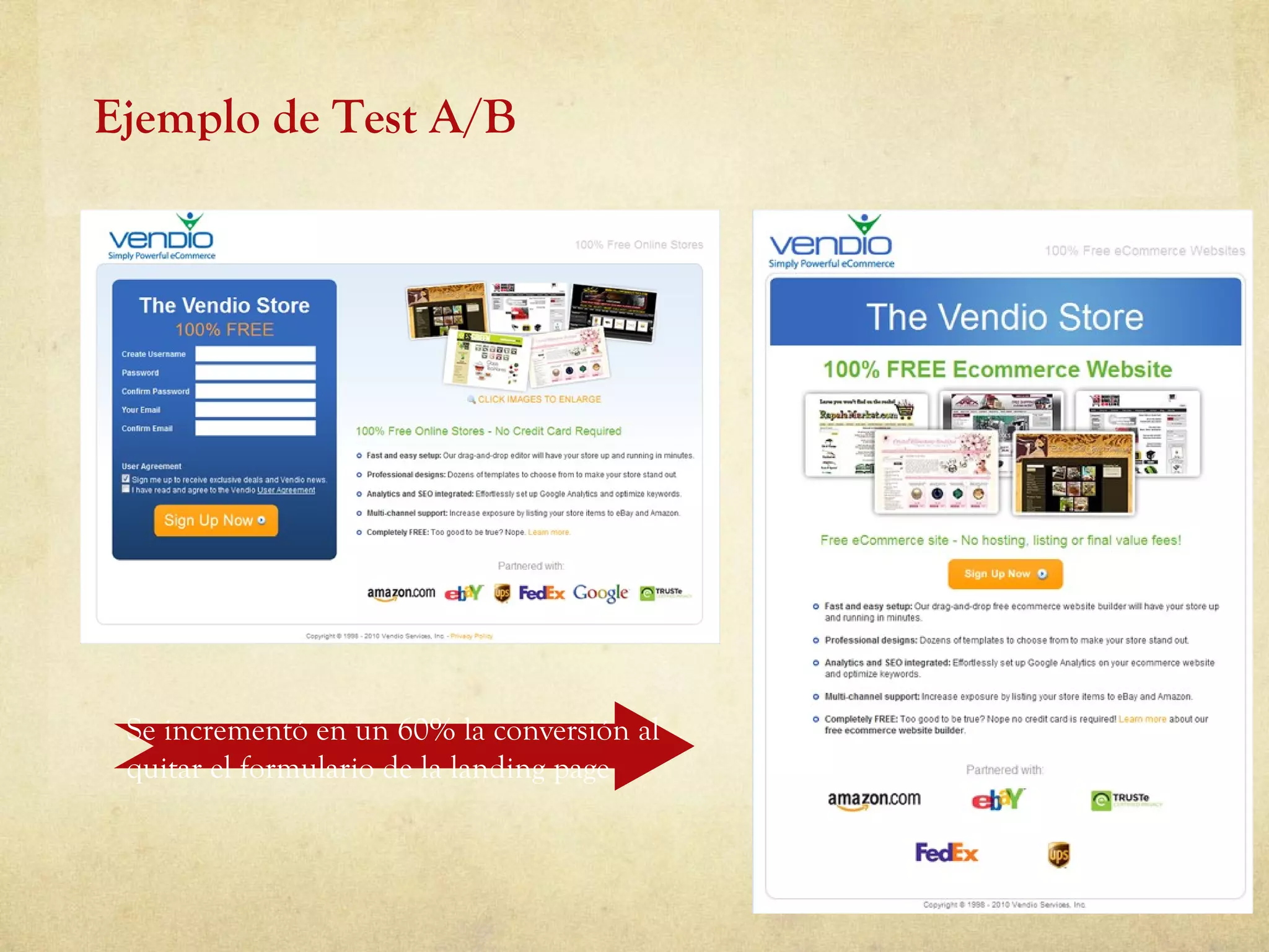Ejemplo de Test A/B Se incrementó en un 60% la conversión al quitar el formulario de la landing page  