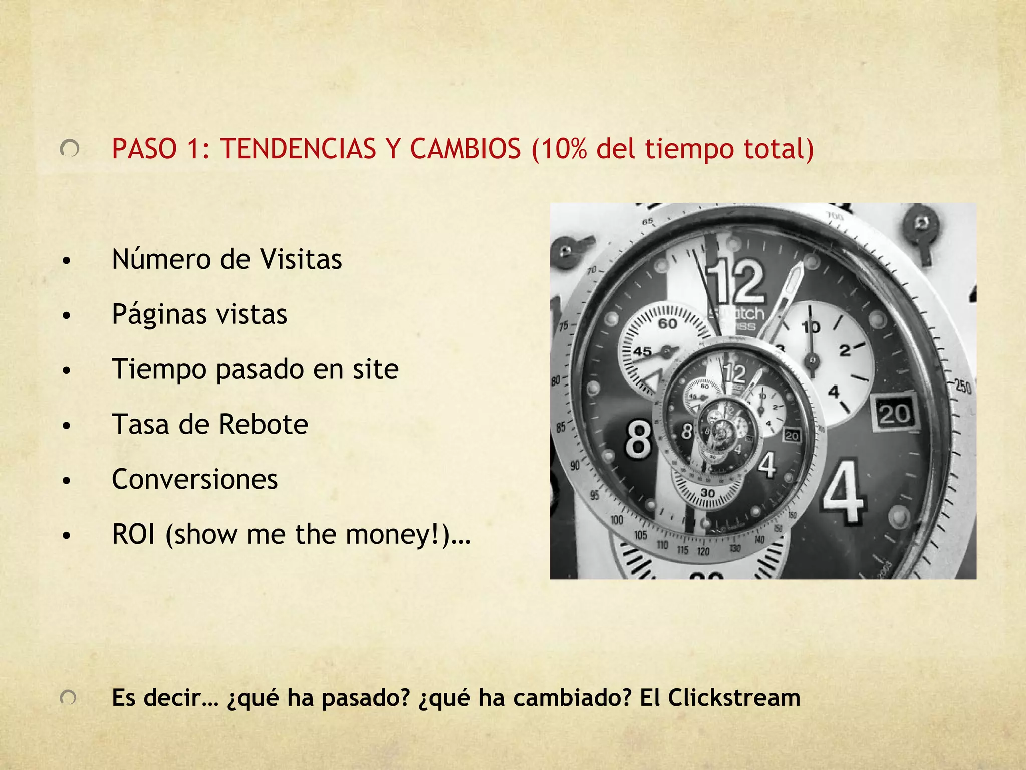 PASO 1: TENDENCIAS Y CAMBIOS (10% del tiempo total) Número de Visitas Páginas vistas Tiempo pasado en site Tasa de Rebote Conversiones ROI (show me the money!)… Es decir… ¿qué ha pasado? ¿qué ha cambiado? El Clickstream 