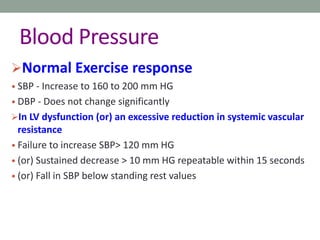 Blood Pressure
Normal Exercise response
• SBP - Increase to 160 to 200 mm HG
• DBP - Does not change significantly
In LV dysfunction (or) an excessive reduction in systemic vascular
resistance
• Failure to increase SBP> 120 mm HG
• (or) Sustained decrease > 10 mm HG repeatable within 15 seconds
• (or) Fall in SBP below standing rest values
 