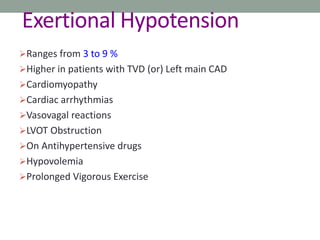 Exertional Hypotension
Ranges from 3 to 9 %
Higher in patients with TVD (or) Left main CAD
Cardiomyopathy
Cardiac arrhythmias
Vasovagal reactions
LVOT Obstruction
On Antihypertensive drugs
Hypovolemia
Prolonged Vigorous Exercise
 