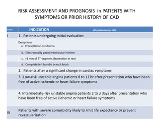 RISK ASSESSMENT AND PROGNOSIS in PATIENTS WITH
SYMPTOMS OR PRIOR HISTORY OF CAD
CLASS INDICATION ACC/AHAGuidelines 2002
I 1. Patients undergoing initial evaluation
Exceptions
a. Preexcitation syndrome
b. Electronically paced ventricular rhythm
c. >1 mm of ST-segment depression at rest
d. Complete left bundle branch block
2. Patients after a significant change in cardiac symptoms
3. Low-risk unstable angina patients 8 to 12 hr after presentation who have been
free of active ischemic or heart failure symptoms
4. Intermediate-risk unstable angina patients 2 to 3 days after presentation who
have been free of active ischemic or heart failure symptoms
III
Patients with severe comorbidity likely to limit life expectancy or prevent
revascularization
 