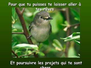 Pour que tu puisses te laisser aller à tes rêves Et poursuivre les projets qui te sont chers. 