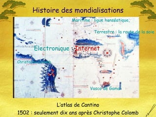 Histoire des mondialisations L’atlas de Cantino 1502 : seulement dix ans après Christophe Colomb Terrestre : la route de la soie   Vasco de Gama Maritime : ligue hanséatique, Electronique :  Internet Christophe Colomb 