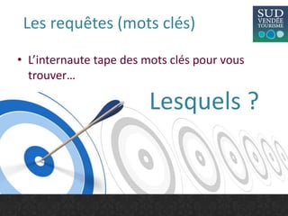 Les requêtes (mots clés)
• L’internaute tape des mots clés pour vous
trouver…
Lesquels ?
 