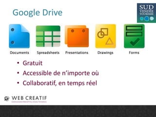 Google Drive
• Gratuit
• Accessible de n’importe où
• Collaboratif, en temps réel
 