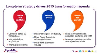 Long-term strategy drives 2015 transformation agenda
focus
our
portfolio
● Complete coffee JV
transactions
● Integrate bolt-on
acquisitions
● Improve revenue mix
reduce
costs
● Deliver strong net productivity
● Move Power Brands to
advantaged assets
● Drive down overheads
via ZBB
invest
for
growth
● Invest in Power Brands,
innovation platforms and RTM
● Leverage operating model to
drive speed and scale
12
 