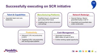 Successfully executing on SCR initiative
48
Talent & Capabilities
 Upgraded talent and core
leadership
 Delivered 2.8% net productivity
in 2014
 Targeting 2.8%+ net productivity
with strong project pipeline
Productivity
 Generated incremental
$600 million of cash in 2014
 Further working capital opportunity
Cash Management
Manufacturing Platforms
 Qualified biscuit, chocolate and
gum Lines of the Future
 Installing lines to drive conversion
cost savings
Network Redesign
 Opened Salinas, Mexico
greenfield facility in Q4’14
 Greenfield and brownfield sites
under construction
reduce
costs
 