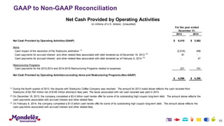 66
GAAP to Non-GAAP Reconciliation
2013 2014
Net Cash Provided by Operating Activities (GAAP) 6,410$ 3,562$
Items
Cash impact of the resolution of the Starbucks arbitration (1)
(2,616) 498
Cash payments for accrued interest and other related fees associated with debt tendered as of December 18, 2013 (2)
81 -
Cash payments for accrued interest and other related fees associated with debt tendered as of February 6, 2014 (3)
- 47
Restructuring Programs
Cash payments for the 2012-2014 and 2014-2018 Restructuring Programs related to expenses 221 191
Net Cash Provided by Operating Activities excluding items and Restructuring Programs (Non-GAAP)
4,096$ 4,298$
(1)
(2)
(3)
On December 18, 2013, the company completed a $3.4 billion cash tender offer for some of its outstanding high coupon long-term debt. The amount above reflects the
cash payments associated with accrued interest and other related fees.
On February 6, 2014, the company completed a $1.6 billion cash tender offer for some of its outstanding high coupon long-term debt. The amount above reflects the
cash payments associated with accrued interest and other related fees.
Net Cash Provided by Operating Activities
(in millions of U.S. dollars) (Unaudited)
For the year ended
December 31,
During the fourth quarter of 2013, the dispute with Starbucks Coffee Company was resolved. The amount for 2013 noted above reflects the cash received from
Starbucks of $2,764 million net of $148 million attorney's fees paid. The taxes associated with net cash received was paid in 2014.
 