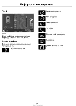 Тип 3 
Информационные дисплеи 
E88048 
Используйте органы управления для 
перехода к другим позициям меню. 
Список устройств 
Выделенная пиктограмма показывает 
текущее меню. 
Система навигации 
Проигрыватель CD 
CD-чейнджер 
Автомагнитола 
Телефон 
Маршрутный компьютер 
Настройки 
Дополнительный вход 
100 
http://ava-avto.ru 
 