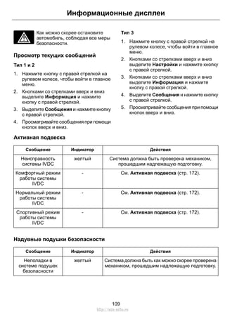Информационные дисплеи 
Как можно скорее остановите 
автомобиль, соблюдая все меры 
безопасности. 
Просмотр текущих сообщений 
Тип 1 и 2 
1. Нажмите кнопку с правой стрелкой на 
рулевом колесе, чтобы войти в главное 
меню. 
2. Кнопками со стрелками вверх и вниз 
выделите Информация и нажмите 
кнопку с правой стрелкой. 
3. Выделите Сообщения и нажмите кнопку 
с правой стрелкой. 
4. Просматривайте сообщения при помощи 
кнопок вверх и вниз. 
Тип 3 
1. Нажмите кнопку с правой стрелкой на 
рулевом колесе, чтобы войти в главное 
меню. 
2. Кнопками со стрелками вверх и вниз 
выделите Настройки и нажмите кнопку 
с правой стрелкой. 
3. Кнопками со стрелками вверх и вниз 
выделите Информация и нажмите 
кнопку с правой стрелкой. 
4. Выделите Сообщения и нажмите кнопку 
с правой стрелкой. 
5. Просматривайте сообщения при помощи 
кнопок вверх и вниз. 
Активная подвеска 
Сообщение Индикатор Действия 
Неисправность желтый 
системы IVDC 
Комфортный режим - См. Активная подвеска (стр. 172). 
работы системы 
Система должна быть проверена механиком, 
прошедшим надлежащую подготовку. 
IVDC 
Нормальный режим - См. Активная подвеска (стр. 172). 
работы системы 
IVDC 
Спортивный режим - См. Активная подвеска (стр. 172). 
работы системы 
IVDC 
Надувные подушки безопасности 
Сообщение Индикатор Действия 
Система должна быть как можно скорее проверена 
механиком, прошедшим надлежащую подготовку. 
Неполадки в желтый 
системе подушек 
безопасности 
109 
http://ava-avto.ru 
 