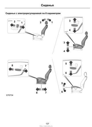 Сиденья 
Сиденье с электрорегулировкой по 8 параметрам 
2 1 2 1 3 
4 
3 
4 
8 7 
8 7 
5 
6 
5 
6 
E70734 
137 
http://ava-avto.ru 
 