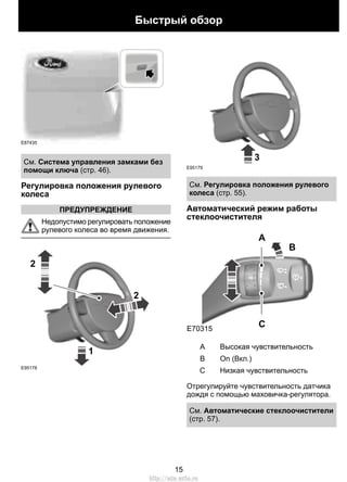 E87435 
Быстрый обзор 
См. Система управления замками без 
помощи ключа (стр. 46). 
Регулировка положения рулевого 
колеса 
ПРЕДУПРЕЖДЕНИЕ 
Недопустимо регулировать положение 
рулевого колеса во время движения. 
1 
2 
2 
E95178 
3 
E95179 
См. Регулировка положения рулевого 
колеса (стр. 55). 
Автоматический режим работы 
стеклоочистителя 
E70315 
B 
A 
C 
A Высокая чувствительность 
B On (Вкл.) 
C Низкая чувствительность 
Отрегулируйте чувствительность датчика 
дождя с помощью маховичка-регулятора. 
См. Автоматические стеклоочистители 
(стр. 57). 
15 
http://ava-avto.ru 
 
