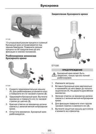 Буксировка 
E71328 
13-штырьковый разъем прицепа и съемный 
буксирный крюк устанавливаются под 
задним бампером. Поверните разъем 
прицепа на 90 градусов вниз до его 
фиксации в нижнем положении. 
Разблокировка механизма 
буксирного крюка 
E71329 
2 
1 
3 
1. Снимите предохранительную крышку 
(1). Для разблокировки установите ключ 
и поверните его по часовой стрелке (2). 
2. Удерживайте буксирный крюк. Вытяните 
маховичок и поверните его по часовой 
стрелке до щелчка (3). 
3. Красная отметка на маховичке должна 
совпасть с зеленой меткой на буксирном 
крюке. 
4. Отпустите маховичок. Буксирный крюк 
разблокируется. 
Закрепление буксирного крюка 
1 
2 
E71330 
ПРЕДУПРЕЖДЕНИЕ 
Буксирный крюк может быть 
закреплен, только при его полной 
разблокировке. 
1. Извлеките заглушку. 
2. Вставьте буксирный крюк вертикально 
и нажимайте на него вверх до полного 
зацепления (1). Не держите руки вблизи 
маховичка. 
3. Зеленая отметка на маховичке должна 
совпасть с зеленой меткой на буксирном 
крюке. 
4. Для фиксации поверните ключ против 
часовой стрелки и извлеките его (2). 
5. Вытяните защитную крышку дуги ключа 
и вожмите ее в фиксатор. 
205 
http://ava-avto.ru 
 