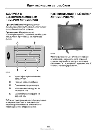 Идентификация автомобиля 
ТАБЛИЧКА С 
ИДЕНТИФИКАЦИОННЫМ 
НОМЕРОМ АВТОМОБИЛЯ 
Примечание: Идентификационная 
табличка автомобиля может отличаться 
от изображенной на рисунке. 
Примечание: Информация на 
идентификационной табличке автомобиля 
зависит от требований конкретного 
рынка. 
E85610 
C 
B 
A 
E D 
Идентификационный номер 
автомобиля 
A 
B Полный вес автомобиля 
C Полная масса автопоезда 
Максимальная нагрузка на 
переднюю ось 
D 
Максимальная нагрузка на 
заднюю ось 
E 
Табличка с указанием идентификационного 
номера автомобиля и максимальных 
нагрузок расположена в нижней части 
проема двери со стороны замка. 
ИДЕНТИФИКАЦИОННЫЙ НОМЕР 
АВТОМОБИЛЯ (VIN) 
E87496 
Идентификационный номер автомобиля 
отштампован на панели пола с правой 
стороны автомобиля рядом с передним 
сиденьем. Он также продублирован с левой 
стороны панели управления. 
265 
http://ava-avto.ru 
 