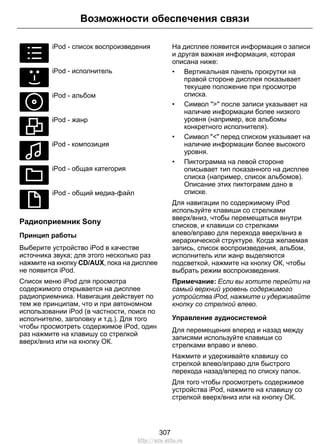 E100031 
Возможности обеспечения связи 
iPod - список воспроизведения 
E100032 
iPod - исполнитель 
E100033 
iPod - альбом 
E100034 
iPod - жанр 
E100035 
iPod - композиция 
E100036 
iPod - общая категория 
E100037 
iPod - общий медиа-файл 
Радиоприемник Sony 
Принцип работы 
Выберите устройство iPod в качестве 
источника звука; для этого несколько раз 
нажмите на кнопку CD/AUX, пока на дисплее 
не появится iPod. 
Список меню iPod для просмотра 
содержимого открывается на дисплее 
радиоприемника. Навигация действует по 
тем же принципам, что и при автономном 
использовании iPod (в частности, поиск по 
исполнителю, заголовку и т.д.). Для того 
чтобы просмотреть содержимое iPod, один 
раз нажмите на клавишу со стрелкой 
вверх/вниз или на кнопку ОК. 
На дисплее появится информация о записи 
и другая важная информация, которая 
описана ниже: 
• Вертикальная панель прокрутки на 
правой стороне дисплея показывает 
текущее положение при просмотре 
списка. 
• Символ  после записи указывает на 
наличие информации более низкого 
уровня (например, все альбомы 
конкретного исполнителя). 
• Символ  перед списком указывает на 
наличие информации более высокого 
уровня. 
• Пиктограмма на левой стороне 
описывает тип показанного на дисплее 
списка (например, список альбомов). 
Описание этих пиктограмм дано в 
списке. 
Для навигации по содержимому iPod 
используйте клавиши со стрелками 
вверх/вниз, чтобы перемещаться внутри 
списков, и клавиши со стрелками 
влево/вправо для перехода вверх/вниз в 
иерархической структуре. Когда желаемая 
запись, список воспроизведения, альбом, 
исполнитель или жанр выделяются 
подсветкой, нажмите на кнопку ОК, чтобы 
выбрать режим воспроизведения. 
Примечание: Если вы хотите перейти на 
самый верхний уровень содержимого 
устройства iPod, нажмите и удерживайте 
кнопку со стрелкой влево. 
Управление аудиосистемой 
Для перемещения вперед и назад между 
записями используйте клавиши со 
стрелками вправо и влево. 
Нажмите и удерживайте клавишу со 
стрелкой влево/вправо для быстрого 
перехода назад/вперед по списку папок. 
Для того чтобы просмотреть содержимое 
устройства iPod, нажмите на клавишу со 
стрелкой вверх/вниз или на кнопку ОК. 
307 
http://ava-avto.ru 
 