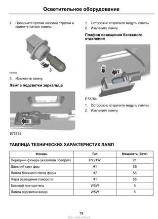 Осветительное оборудование 
2. Поверните против часовой стрелки и 
снимите патрон лампы. 
E73939 3 
3. Извлеките лампу. 
Лампа подсветки зеркальца 
E72785 
1. Осторожно открепите модуль лампы. 
2. Извлеките лампу. 
Плафон освещения багажного 
отделения 
E72784 
1. Осторожно открепите модуль лампы. 
2. Извлеките лампу. 
ТАБЛИЦА ТЕХНИЧЕСКИХ ХАРАКТЕРИСТИК ЛАМП 
Фонарь Тип Мощность (Ватт) 
Передний фонарь указателя поворота PY21W 21 
Дальний свет фар H1 55 
Лампа ближнего света фары H7 55 
Фара освещения поворота H1 55 
Боковой повторитель W5W 5 
Лампа подсветки входа W5W 5 
79 
http://ava-avto.ru 
 