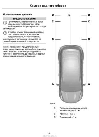 Использование дисплея
ПРЕДОСТЕРЕЖЕНИЯ
Препятствия, расположенные выше
камеры, не отображаются. Если
необходимо, осмотрите участок позади
автомобиля.
Отметки служат только для справки;
они рассчитываются, исходя из
предположения, что автомобиль
максимально загружен и находится на
ровной горизонтальной поверхности.
Линии показывают предполагаемую
траекторию движения автомобиля (с учетом
действующего угла поворота рулевого
колеса) и расстояние до наружных зеркал
заднего вида и заднего бампера.
E99458
A
B
C
D E
A
B
C
D
Зазор для наружных зеркал
заднего вида - 0,1 м
A
Красный - 0,3 мB
Оранжевый - 1 мC
176
Камера заднего обзора
http://ava-avto.ru
 
