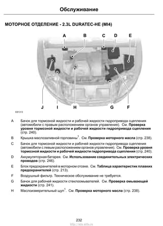 МОТОРНОЕ ОТДЕЛЕНИЕ - 2.3L DURATEC-HE (MI4)
E81313
A C
GJ F
D EB
HI
Бачок для тормозной жидкости и рабочей жидкости гидропривода сцепления
(автомобили с правым расположением органов управления). См. Проверка
уровня тормозной жидкости и рабочей жидкости гидропривода сцепления
(стр. 240).
A
Крышка маслозаливной горловины
1
. См. Проверка моторного масла (стр. 238).B
Бачок для тормозной жидкости и рабочей жидкости гидропривода сцепления
(автомобили с левым расположением органов управления). См. Проверка уровня
тормозной жидкости и рабочей жидкости гидропривода сцепления (стр. 240).
C
Аккумуляторная батарея. См. Использование соединительных электрических
проводов (стр. 246).
D
Блок предохранителей в моторном отсеке. См. Таблица характеристик плавких
предохранителей (стр. 213).
E
Воздушный фильтр. Техническое обслуживание не требуется.F
Бачок для рабочей жидкости стеклоомывателей. См. Проверка омывающей
жидкости (стр. 241).
G
Маслоизмерительный щуп
1
. См. Проверка моторного масла (стр. 238).H
232
Обслуживание
http://ava-avto.ru
 