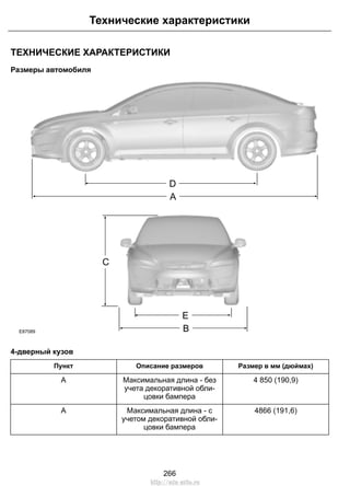 ТЕХНИЧЕСКИЕ ХАРАКТЕРИСТИКИ
Размеры автомобиля
D
A
E
B
C
E87089
4-дверный кузов
Размер в мм (дюймах)Описание размеровПункт
4 850 (190,9)Максимальная длина - без
учета декоративной обли-
цовки бампера
A
4866 (191,6)Максимальная длина - с
учетом декоративной обли-
цовки бампера
A
266
Технические характеристики
http://ava-avto.ru
 
