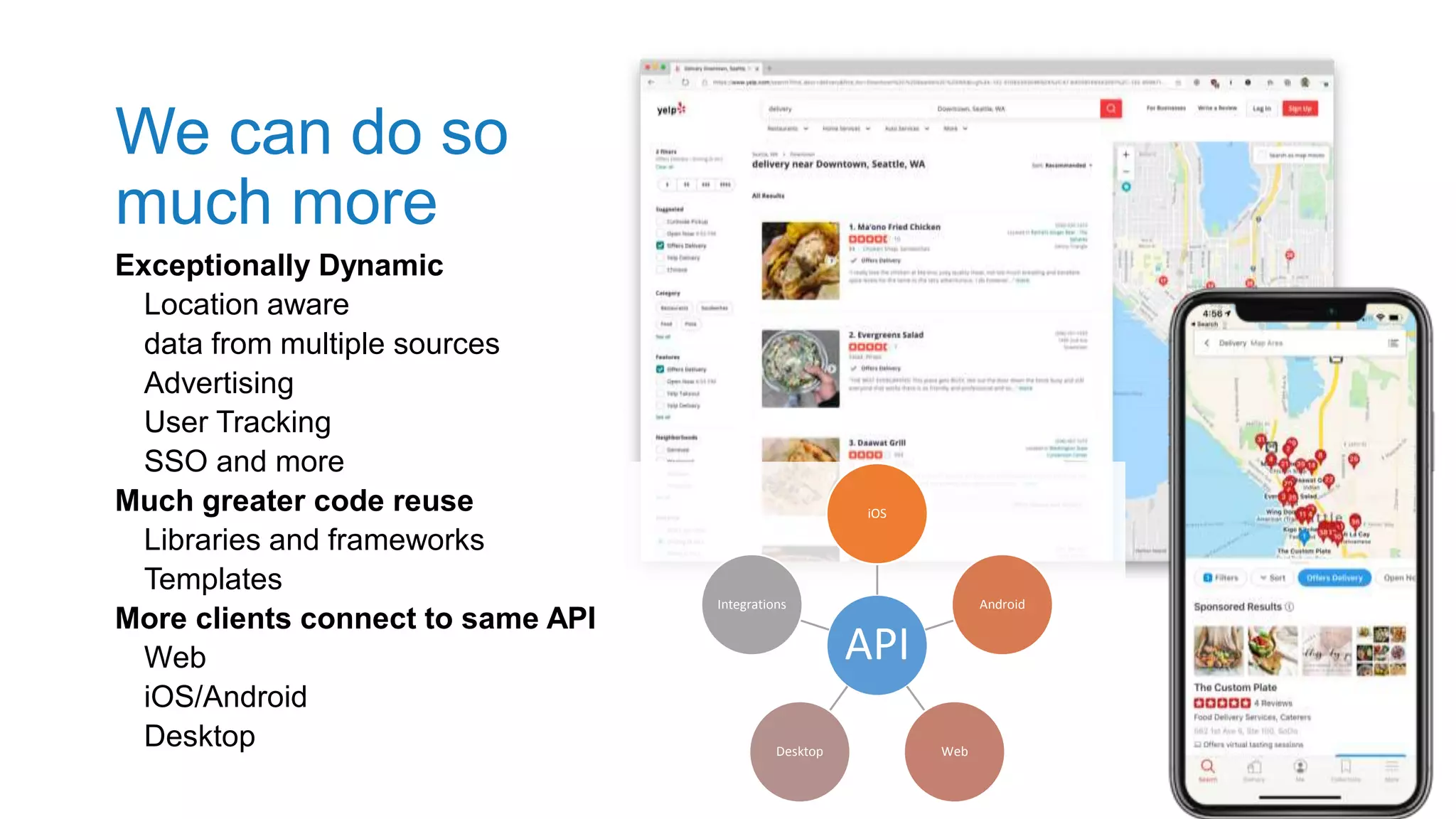 We can do so
much more
Exceptionally Dynamic
Location aware
data from multiple sources
Advertising
User Tracking
SSO and more
Much greater code reuse
Libraries and frameworks
Templates
More clients connect to same API
Web
iOS/Android
Desktop
API
iOS
Android
WebDesktop
Integrations
 