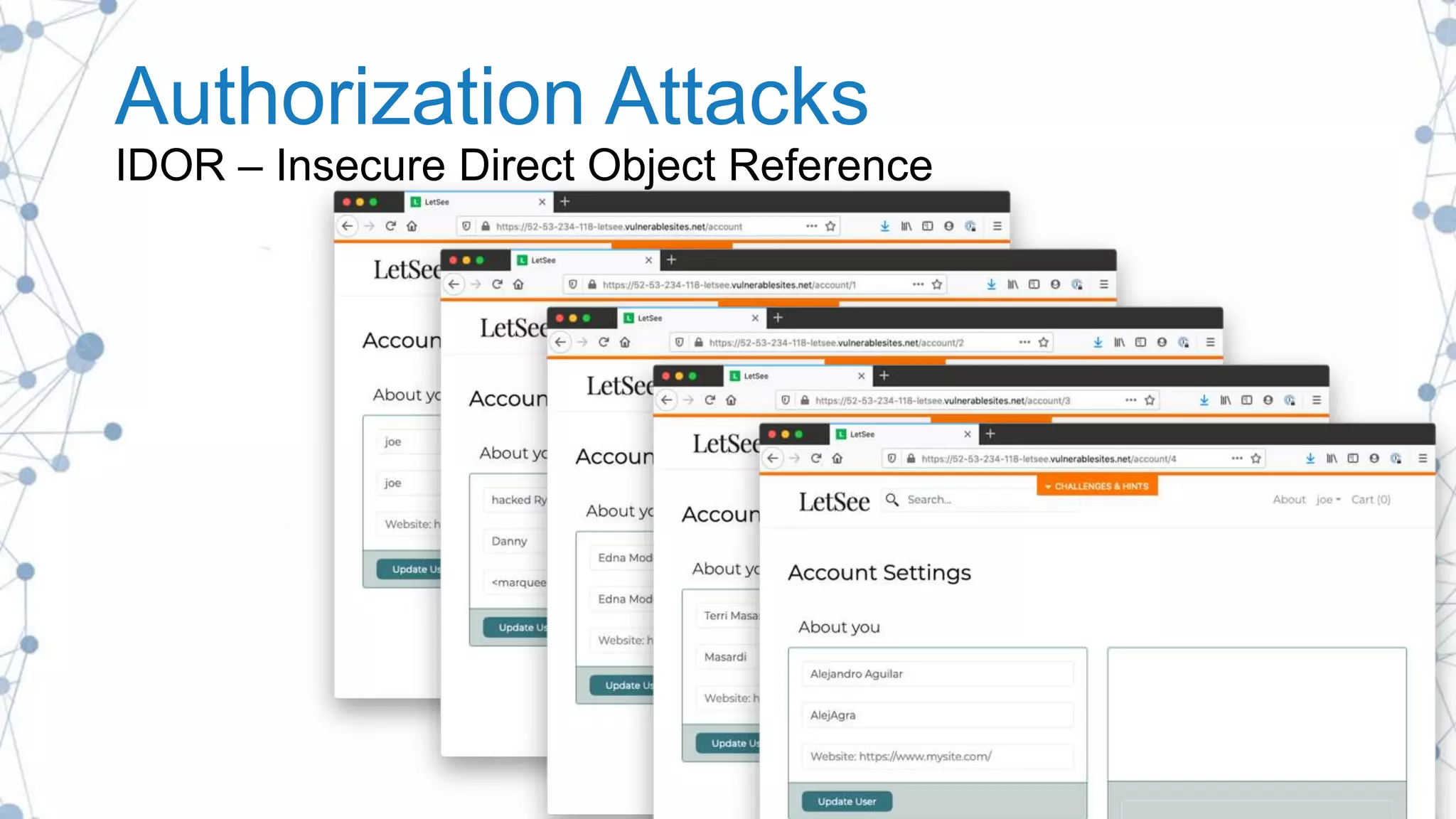 Authorization Attacks
IDOR – Insecure Direct Object Reference
 