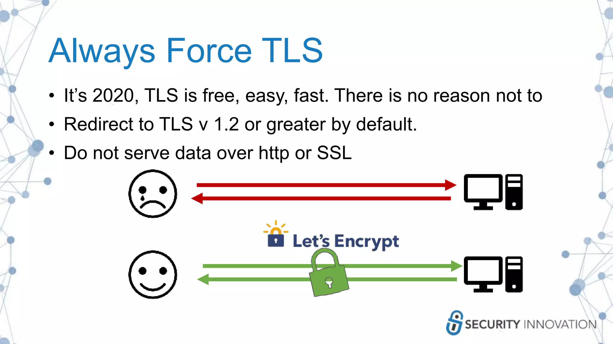 Always Force TLS
• It’s 2020, TLS is free, easy, fast. There is no reason not to
• Redirect to TLS v 1.2 or greater by default.
• Do not serve data over http or SSL
 